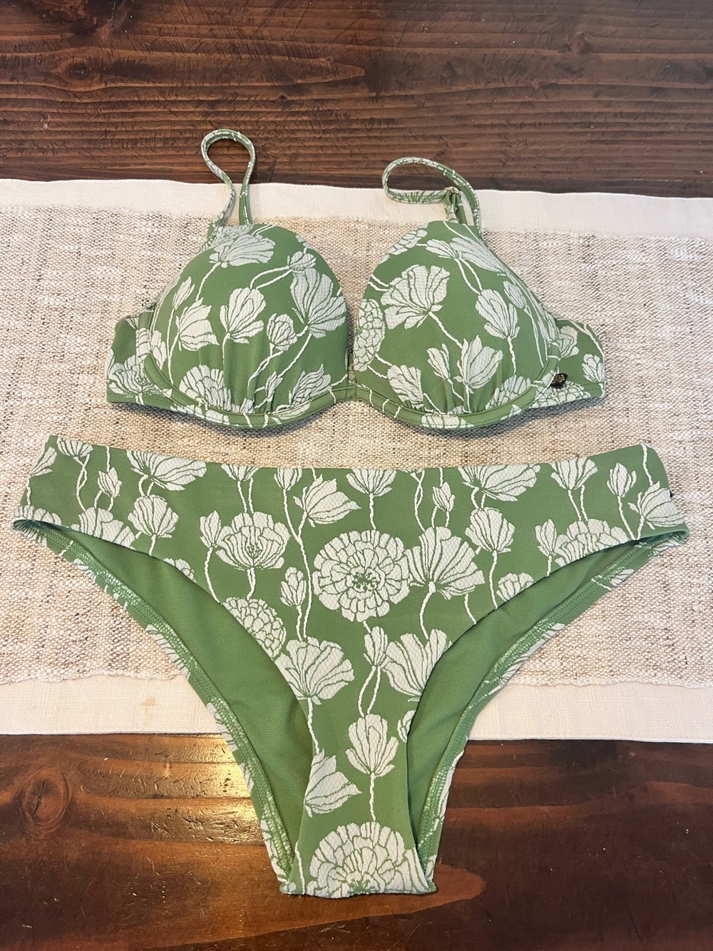 La Vie en Rose olive green and white floral print bikini set.